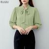Women Casual Round Neck Solid Color 3/4 Sleeve Blouse