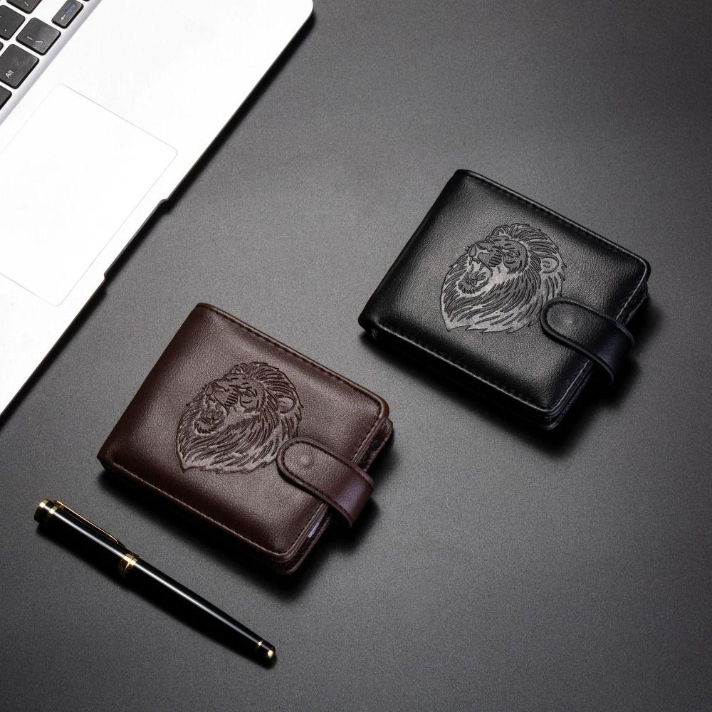 New PU Leather Retro Men's Wallet Black Coffee 3D Embossed Multiple Pockets Two-Fold Lion's Head Coin Purse Credit Card