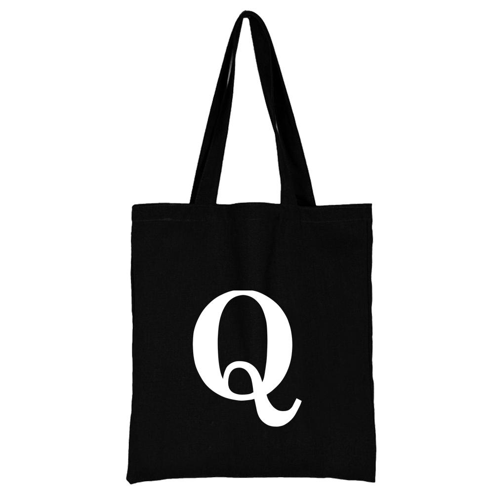 Women's Black Shopping Bag Casual Large-capacity White Letters Initial Name Pattern Printing Series Canvas Shoulder Bag Reusable