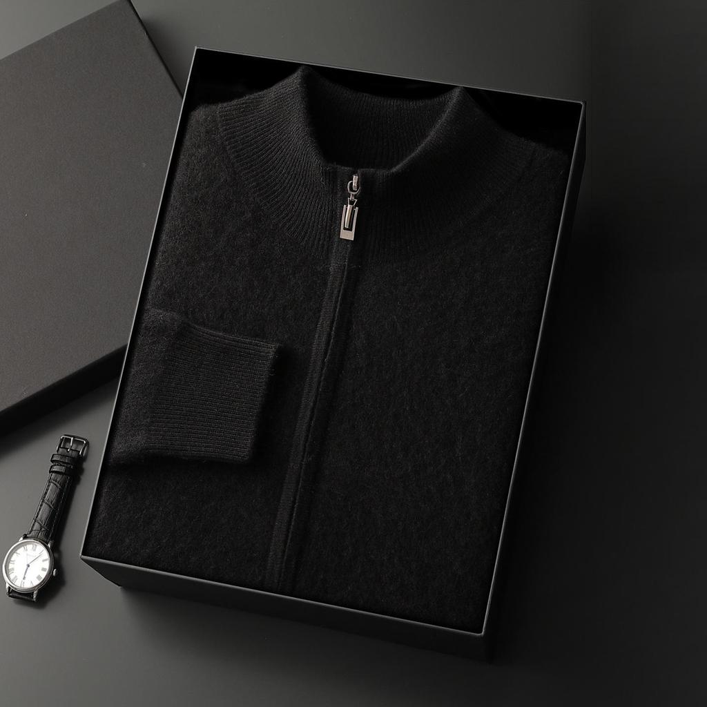 Siping Men's Thick Cashmere Cardigan, Zipper Stand Collar, Warm Knit Outerwear, Business Casual Wool Sweater