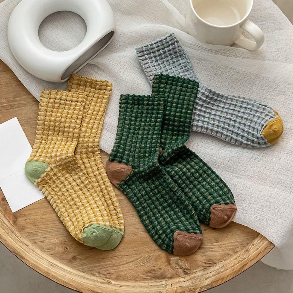 5Pairs Patchwork Checkered Cotton Socks Elastic Grids Socks Cozy Women Tube Sock  Gift