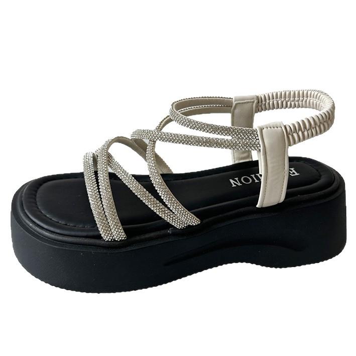 Summer new outer wear rhinestone platform sandals women's cross-strap high-end versatile elastic high-heeled strap sandals