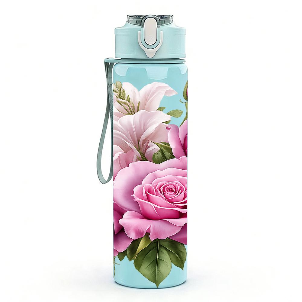 1PC Multi Shade Pink Rose Bouquet 750ml Color Plastic Water Bottle Leakproof Flip Straw Lid For Sports Office Home Use