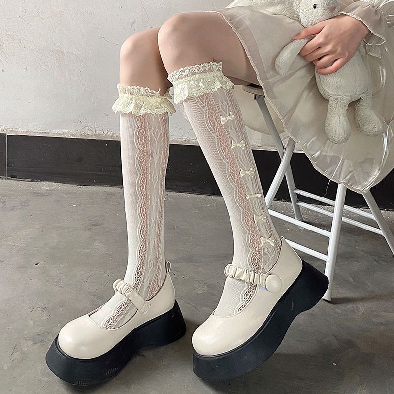 Japanese-style Lace Summer-Autumn Thin Bowknot Knee-High JK Socks with Ruffled Trim