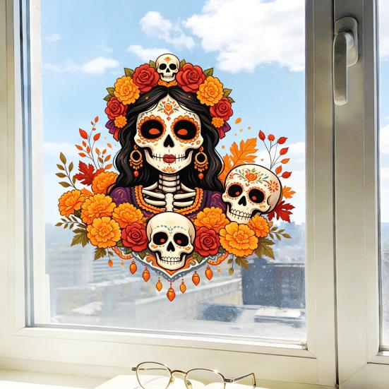 Unique Gift for Mexican Culture Fans Day of The Dead Window Clings, Dia De Los Muertos Sticker, Colorful Decorative Film Parties Sugar Skull