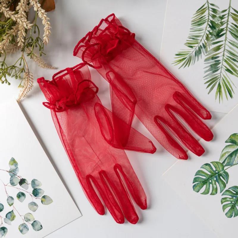Ultra Thin Transparent Gauze Lace Full Finger Gloves Short Tulle Women Wedding Mesh Elastic Wrist Black