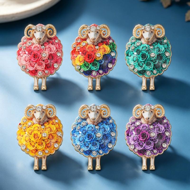 1Pcs Lovely Flower Sheep Brooches For Women Unisex 6-Color Rhinestone Year Of The Sheep Animal Party Office Brooch Pin Gift