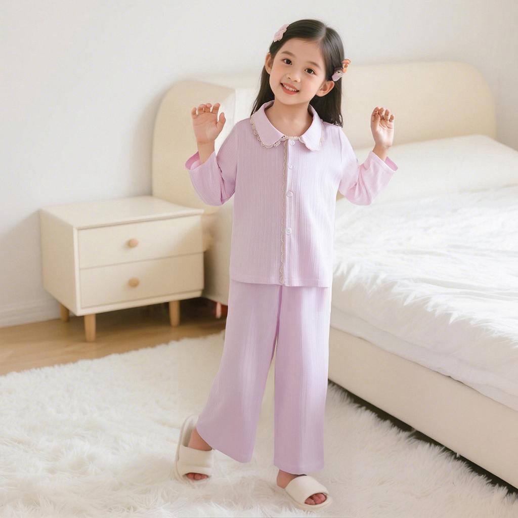 Spring And Autumn Children'S Pajamas Pure Cotton Girls' Lace Collar Sweet Wind Cardigan Long Sleeve Long Pants Student Loungewear Two-Piece Set