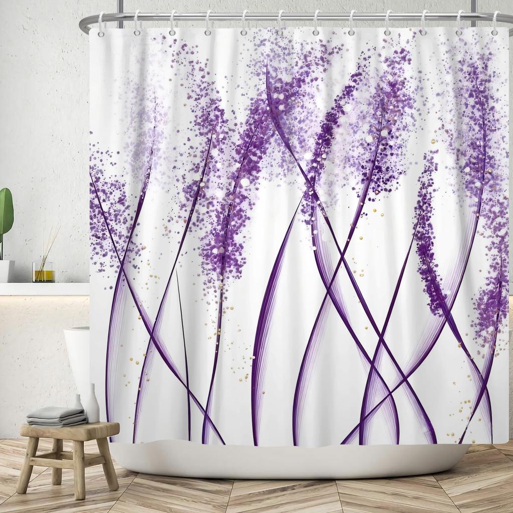 Purple Wisteria Floral Shower Curtain Elegant Abstract Line Print Waterproof Bath Curtain Bathroom Decor Polyester With Hooks
