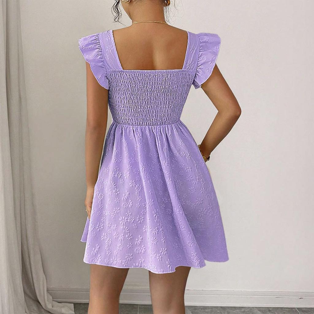 Women's Fashionable Color Square Collar Pullover Fresh Sweet Short Skirt With Waist Cinched A-line Dress