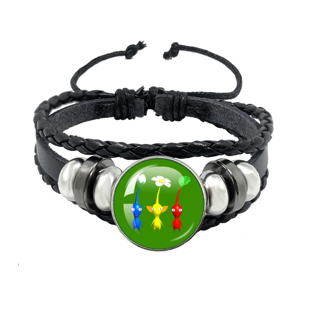 Creative Game Pikmin Cartoon Button Rope Button Glass Cabochon Handmade Black Leather Bracelet Jewelry Charm Gift