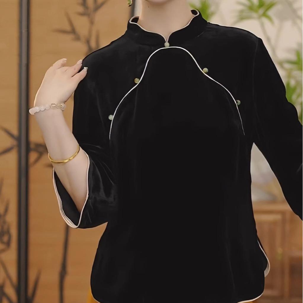 New Chinese Style Gold Velvet Mulberry Silk Women's Autumn Black Base Top Shirt