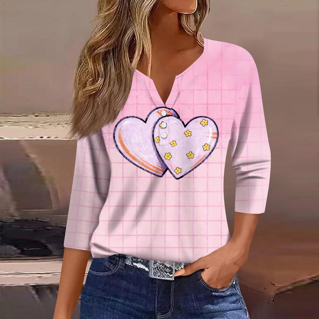 Women's Fashion Button-Up V-Neck Three-Quarter Sleeve Valentine's Day Print Top