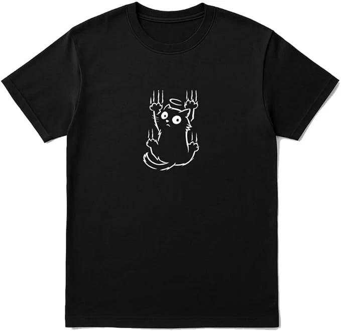 Climbing Cat Funny T-Shirt - Unisex Black Tee | Cute Cartoon Cat Clawing Design S