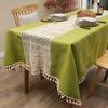 Mantel de Algodón Lino Patchwork Encaje Ganchillo Calado Francés Cuadros Mantel para Mesa de Té Decorativo Borla Verde Cubierta de Mesa