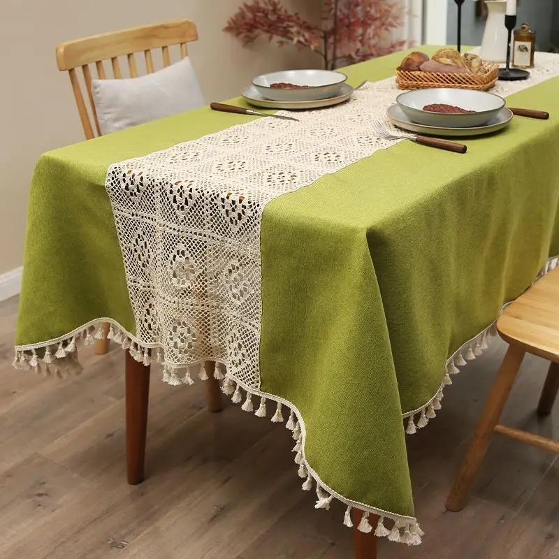 Mantel de Algodón Lino Patchwork Encaje Ganchillo Calado Francés Cuadros Mantel para Mesa de Té Decorativo Borla Verde Cubierta de Mesa