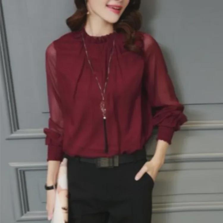 2024 Korean Chiffon Ruffle Top with Stand Collar - Large Size