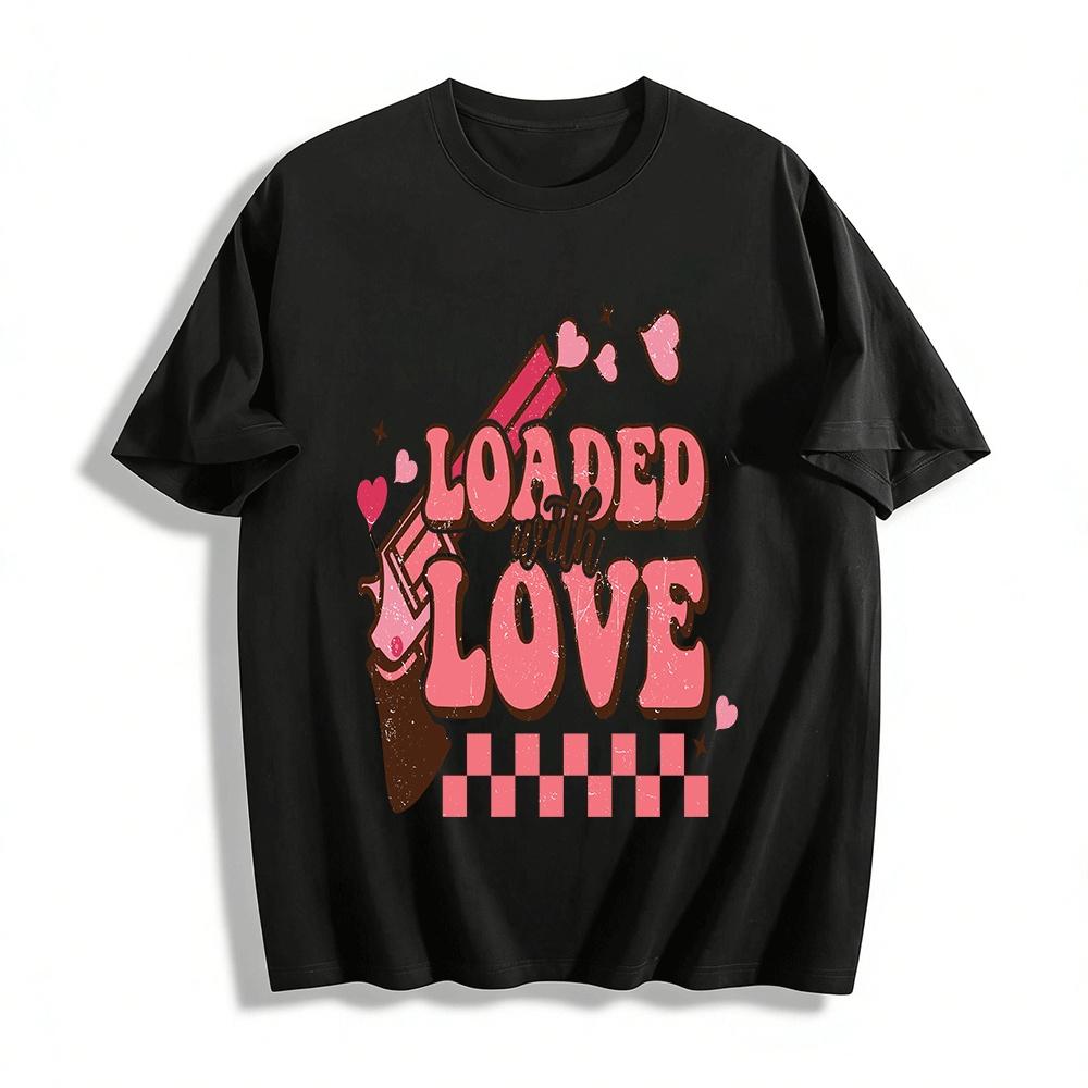 

Loaded With Love Retro Heart Pistol Print Casual Trendy Tee Pure cotton T-shirt XXS
