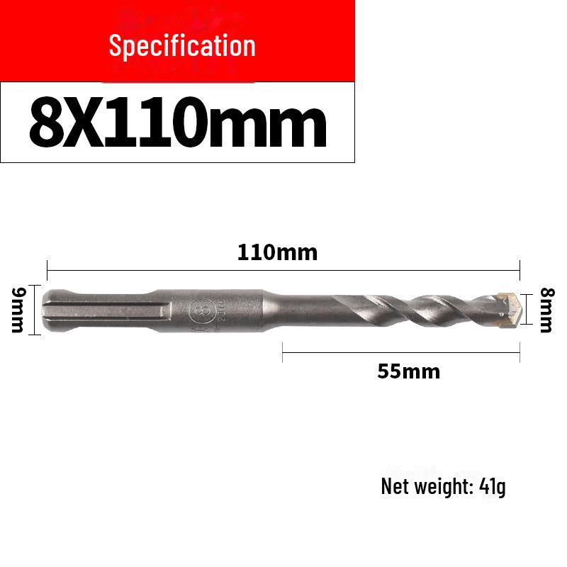 Impact Hammer Drill Bit for Drilling Through Concrete and Cement Walls with Round and Square Handles, Two Pits, and Two Grooves.