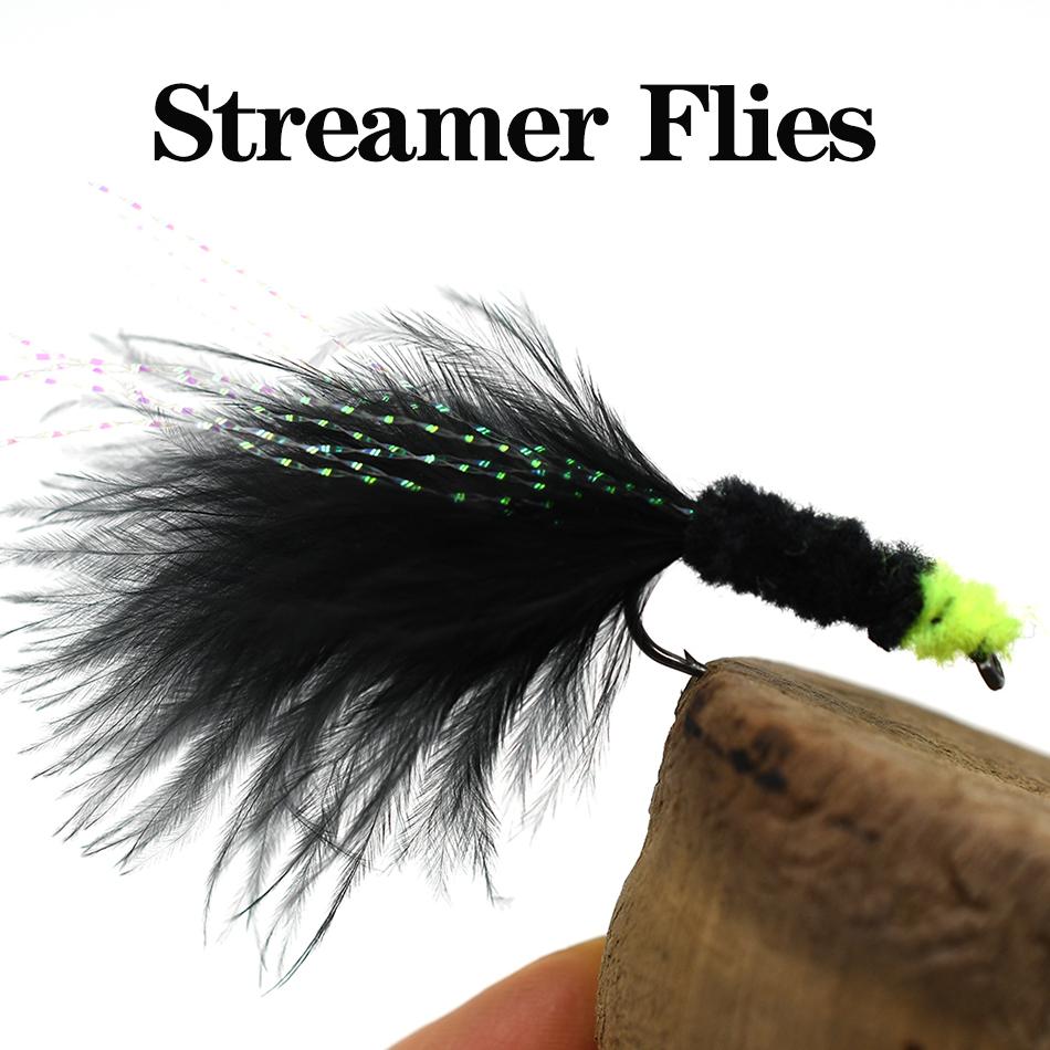 MNFT 6PCS 6# Black Egg Sucking Leech Fly Yellow Head Marabou with Flashabou Trout Fishing Streamer