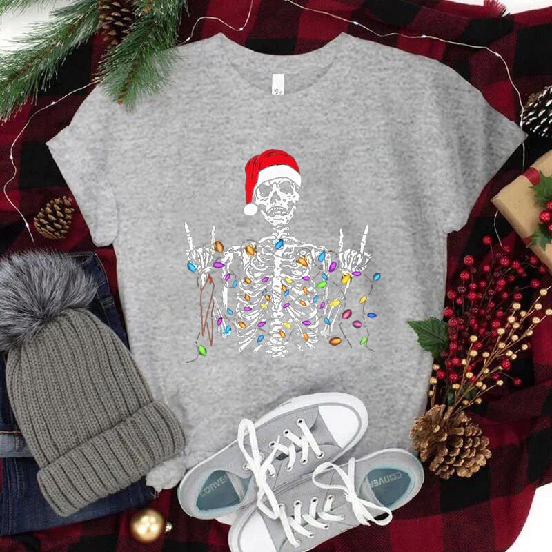 Christmas Skeleton Shirt Funny Lights Skull TShirts for Unisex Unisex Classic Street Style Tops Tees Xmas Santa Hat Skull Clothes