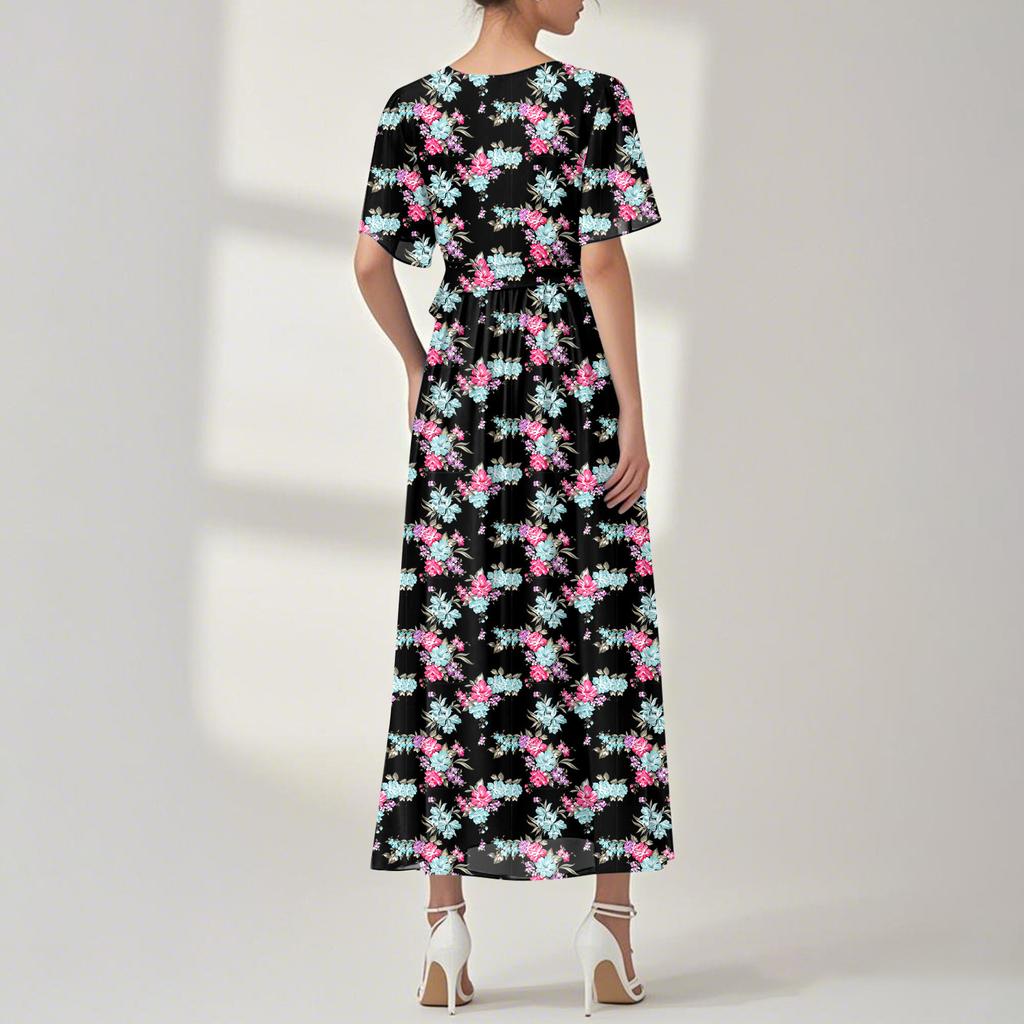 Women's Summer Floral Bohemian Dress Wrap V Neck Short Sleeves Ruffle A-Line Flowy Maxi Dress Summer Dresses For Women