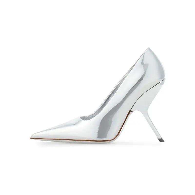Fashion Brand Fashion Show Silvery 9cm High Heels Spring Autumn New Irregular Heels Black Red Pointed Sexy Women's Single Shoes Size 43