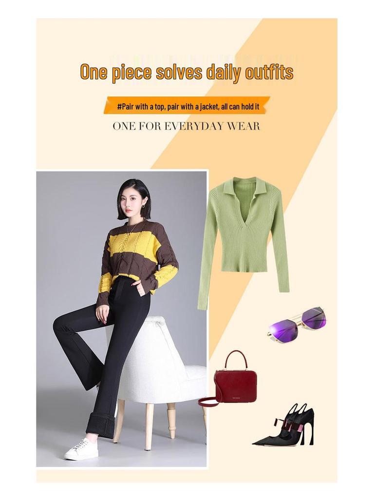 Pantaloni da donna autunno/inverno taglie forti neri in velluto a vita alta snellenti micro svasati