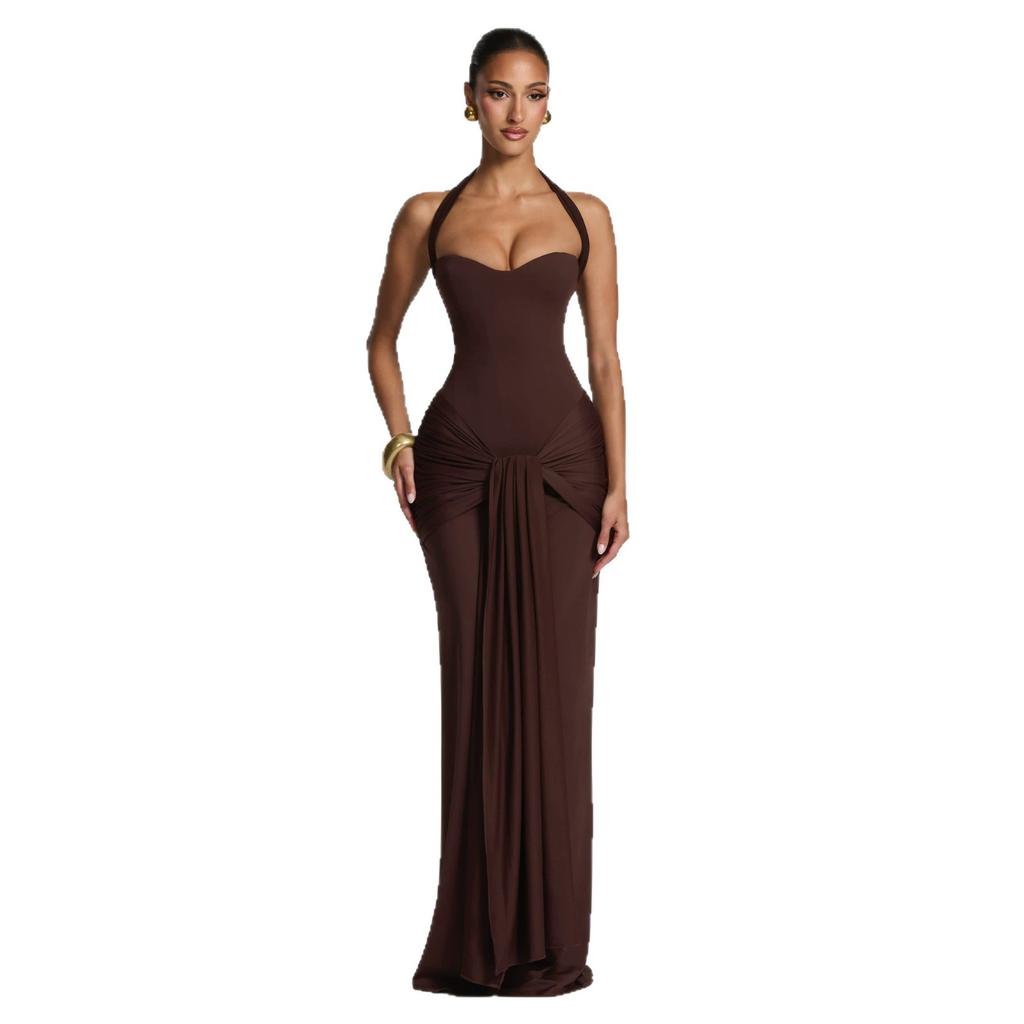 European and American new neck tube top dress long skirt waist side twist pleated slim dress