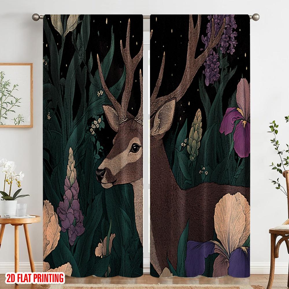 2pcs,2D plane printing Window Curtain Deer With Flowers Nature (2) Polyester Fabric (without rod) All Seasons Perfect for Living