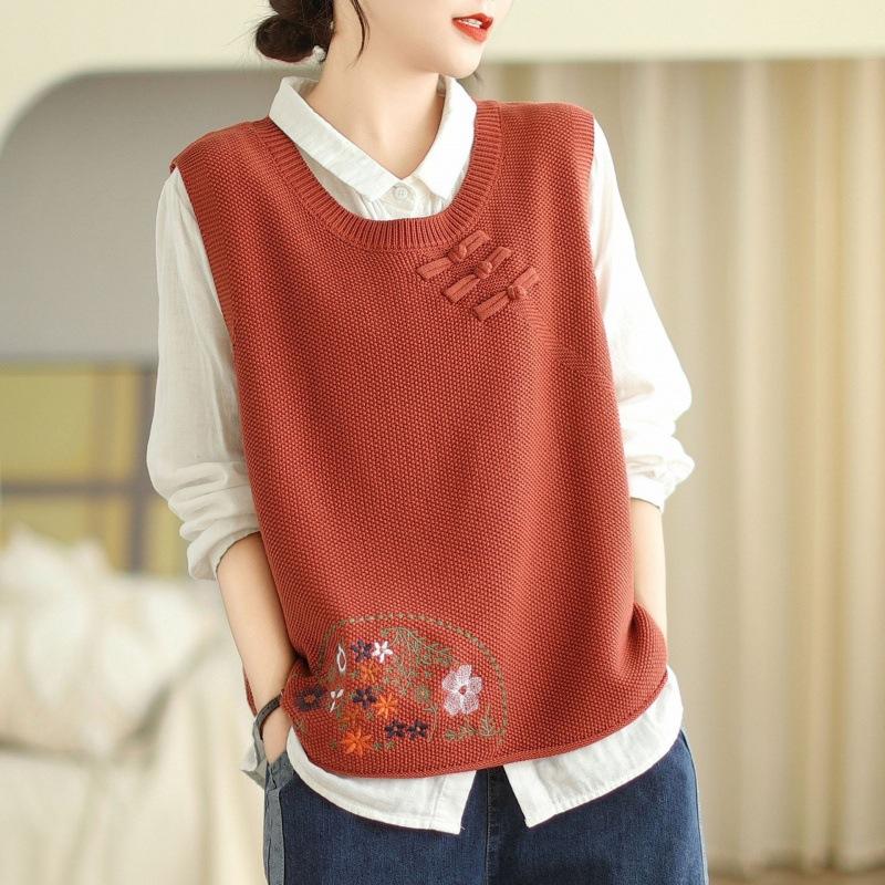 Vestă Tricotată de Damă, Nasturi Culturale, Brodată, Nouă de Primăvară și Toamnă, Vestă Pulover cu Gât Rotund