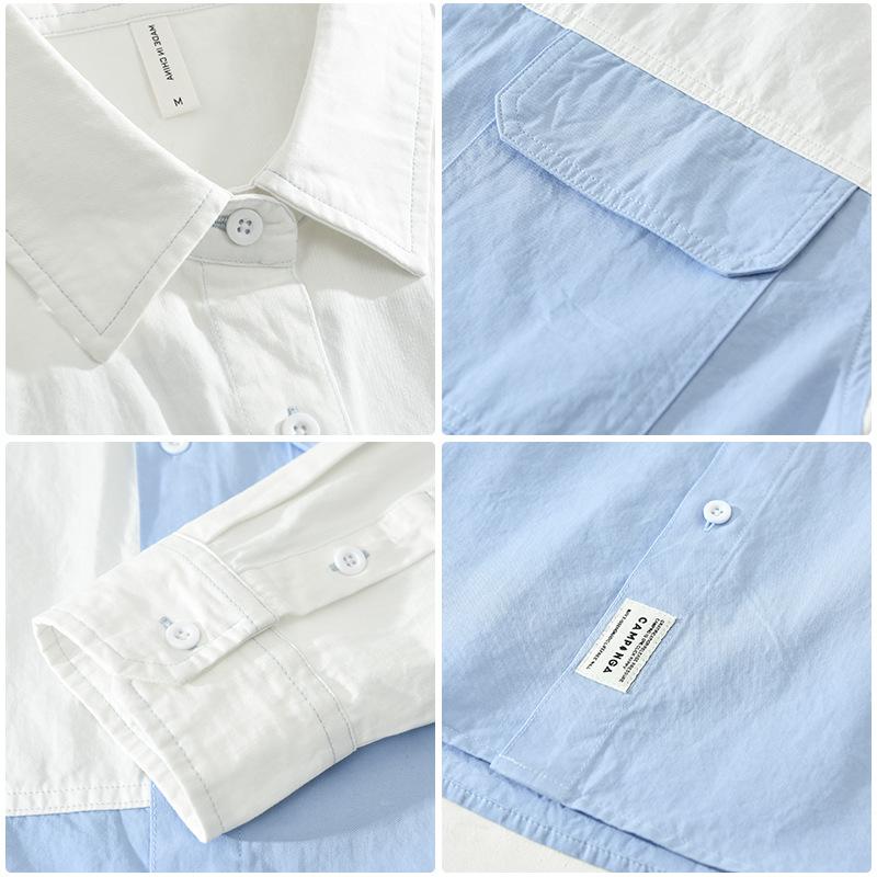 Koreanischer Streetstyle Lockeres Oberteil Frühling und Sommer Reine Baumwolle Herren Freizeitshirt Reversnaht Langarmhemd Jugendmode Herrenbekleidung