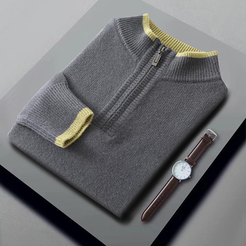 Men's Autumn/Winter Wool Knit Zipper Pullover - Seven-Needle Thickened Half-High Collar Sweater