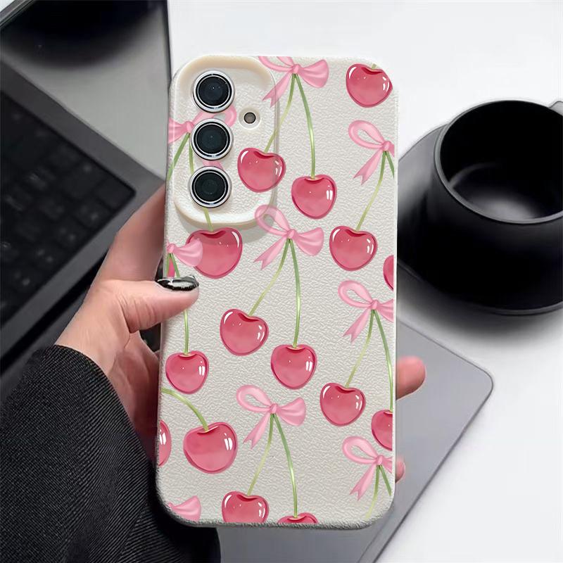 Crystal Cherry Fruits Bowknots Case For Samsung Galaxy A57 A37 A17 A56 A36 A26 A16 A55 A35 A25 A15 A54 5G S21 FE S22 S23 S24 Plus S25 Edge S26 Ultra