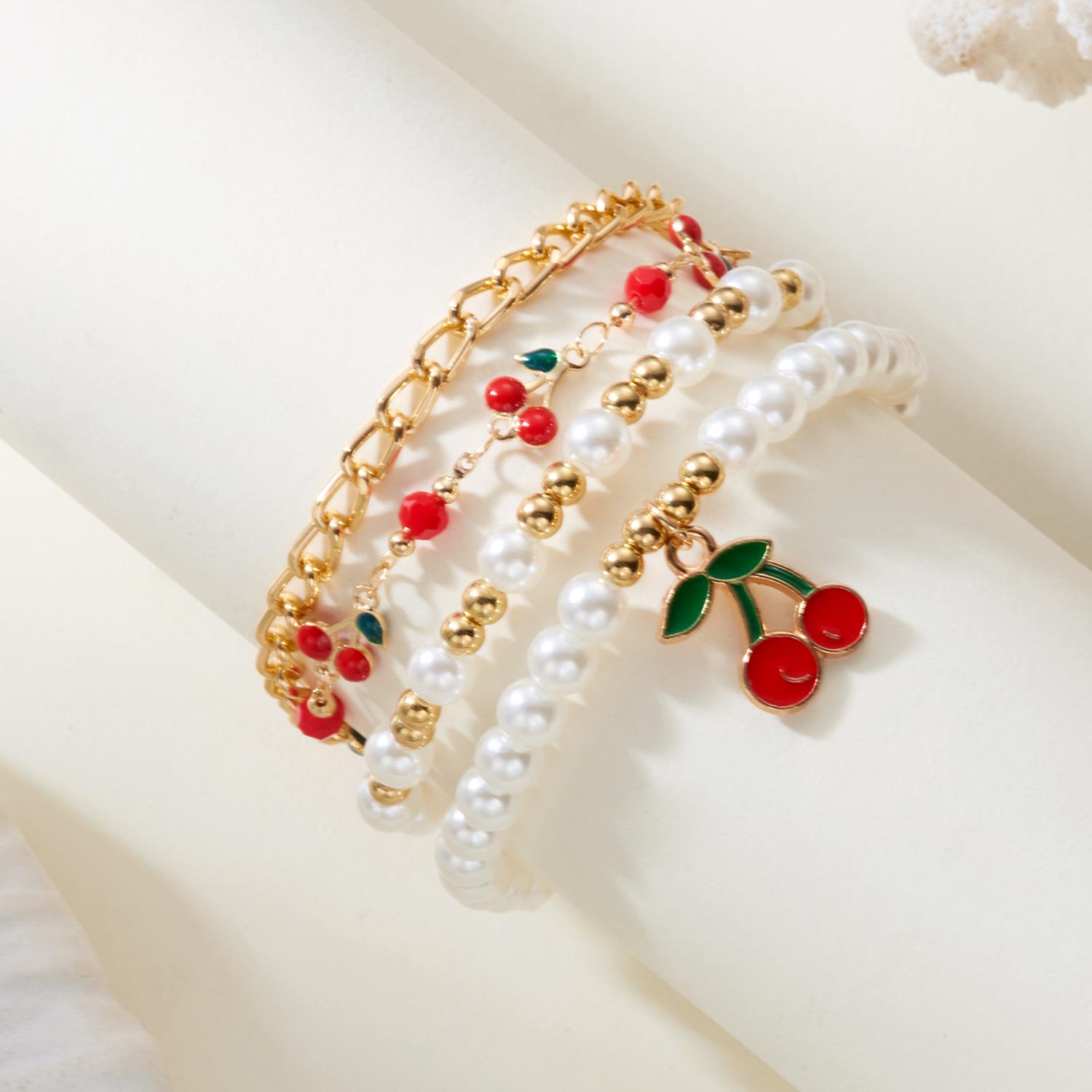 

European and American Style Red Oil Drop Cherry Pearl Bracelet Set - 4 Pieces