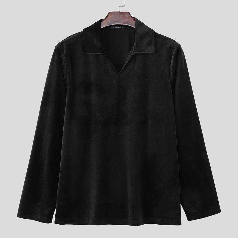 

INCERUN Autumn Men Lapel Long Sleeve Texture Casual Office T-shirts Tops M чорний