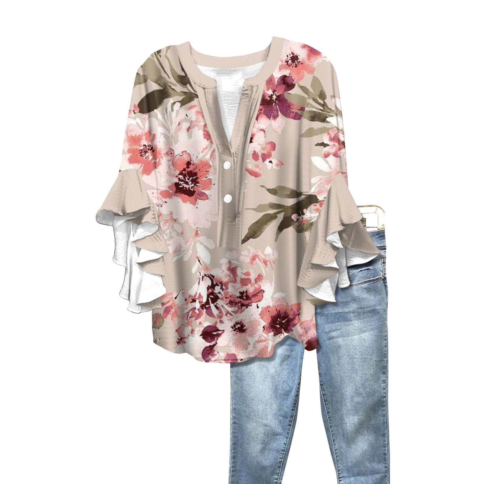 Summer Women s Tops V-Neck Seven Sleeve Shirt Spring Summer Floral Printed Tops Casual Shirt L розовый