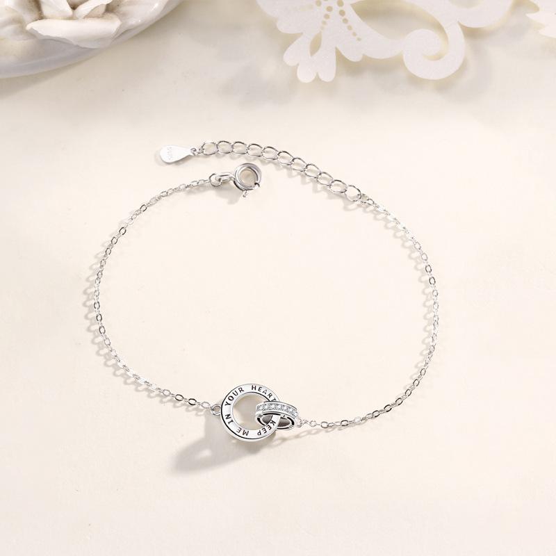 Sterling Silver Interlocking Double Ring Couple Bracelet - Niche Design Long-Distance Relationship Jewelry Valentine s Gift 925 Sterling Silver