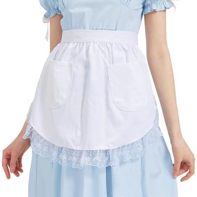 Sexy Vintage Cotton Lace Apron with Two Pockets Lace Trim Short Apron Comfortable Waist Ruffled Decor Maid Apron for Women