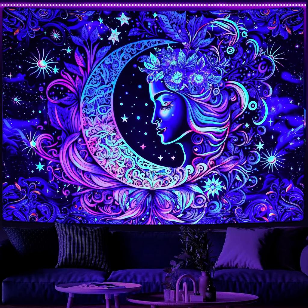 AtawLege Blacklight UV Reactive Wall Art - Moon and Star Tapestry, Sun Mandala Tapestry, Aesthetic Boho Wall Hanging for Bedroom (51.2 X 59.1 Inches)