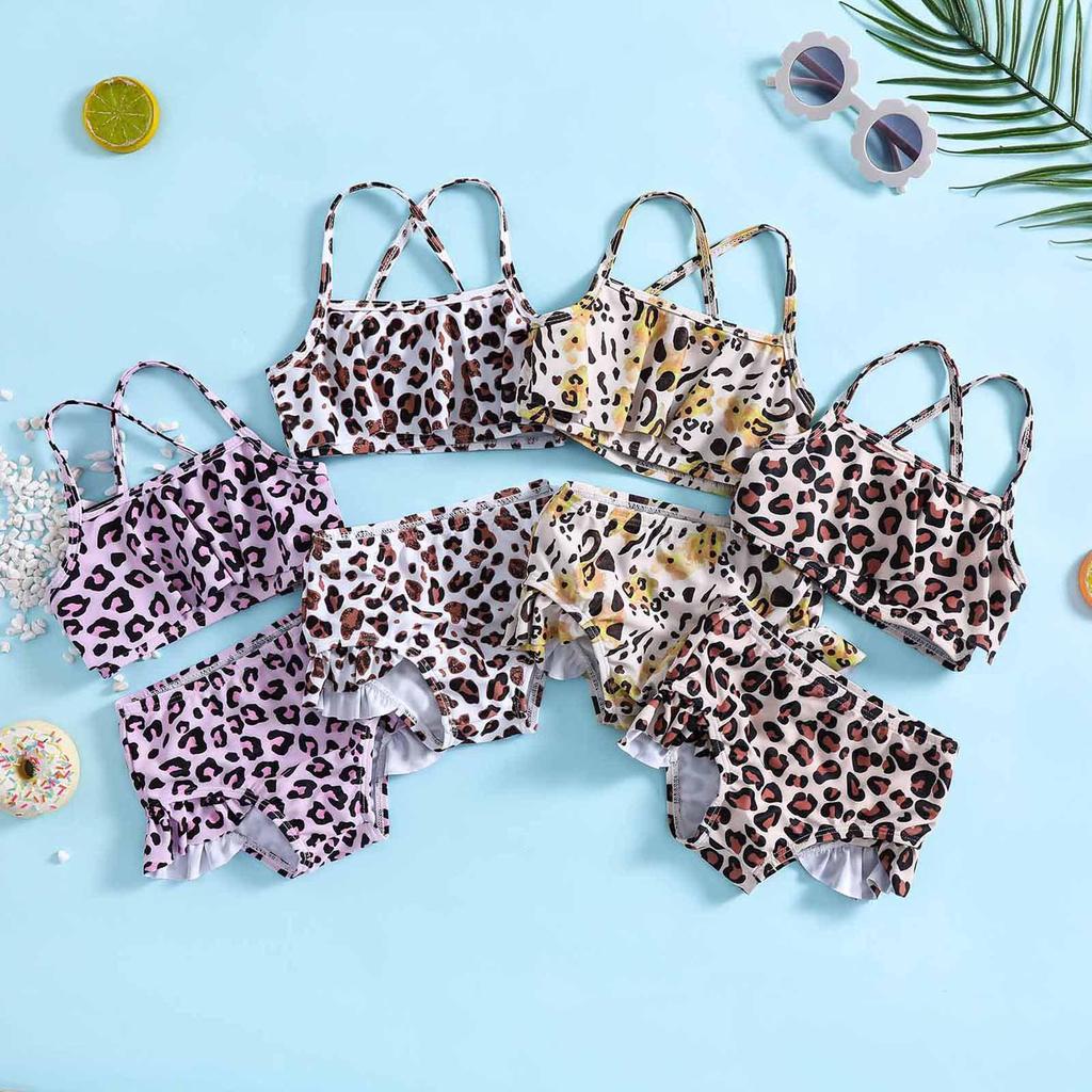 Sporty Puff Sleeve Leopard Print Girls' Two-Piece Swimsuit