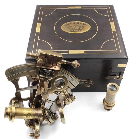 J. Scott London Brass Ship History Sextant with Hardwood Box. Solid Brass Nautical Functional Maritime Sextant Decor Gifts