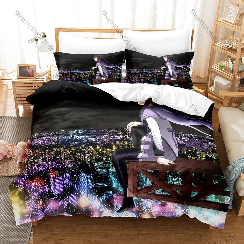Devil Homura Akemi Duvet Cover + 2 Pillowcases Puella Magi Madoka Magica Dark Magical Girl Bedding Set Soft Fabric Decor Anime