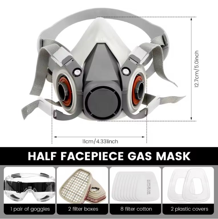 Andningsmask Halvmask Gasmask med Skyddsglasögon Återanvändbart Professionellt Andningsskydd Mot Damm Kemikalier