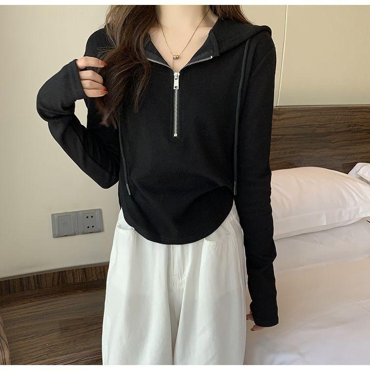 Women's Spring Autumn Hooded Half-Zip Long Sleeve Ribbed Slim Fit Top