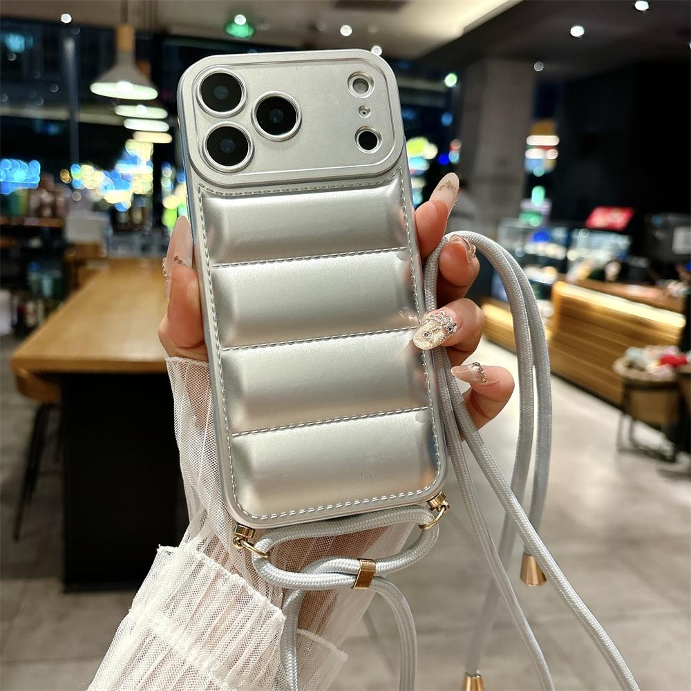 Soft Down Jacket Lanyard Crossbody Case For iPhone 17 16 15 14 13 12 11 Pro Max Plus Air XR XS Max Long Strap Solid Color Cover
