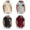 Men's Summer Hooded T-shirt Short Sleeved Button Down Tee with Chest Pocket Waffle Color Block Casual Hoodie T-shirt for Gym Street Wear