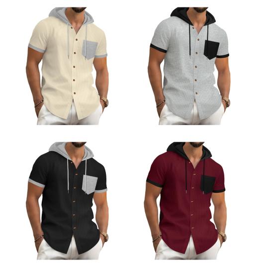 Men's Summer Hooded T-shirt Short Sleeved Button Down Tee with Chest Pocket Waffle Color Block Casual Hoodie T-shirt for Gym Street Wear