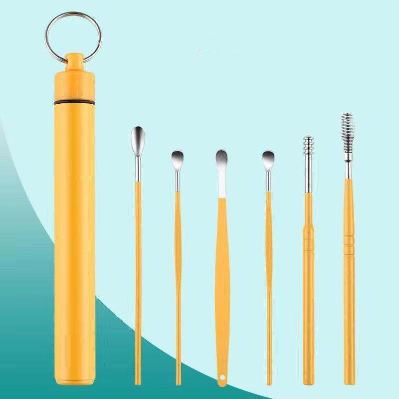 

Набор из 6 инструментов из нержавеющей стали для удаления ушной серы - спиральная вращающаяся ложка для чистки ушей и ложка для чистки и сбора ушной серы жёлтый