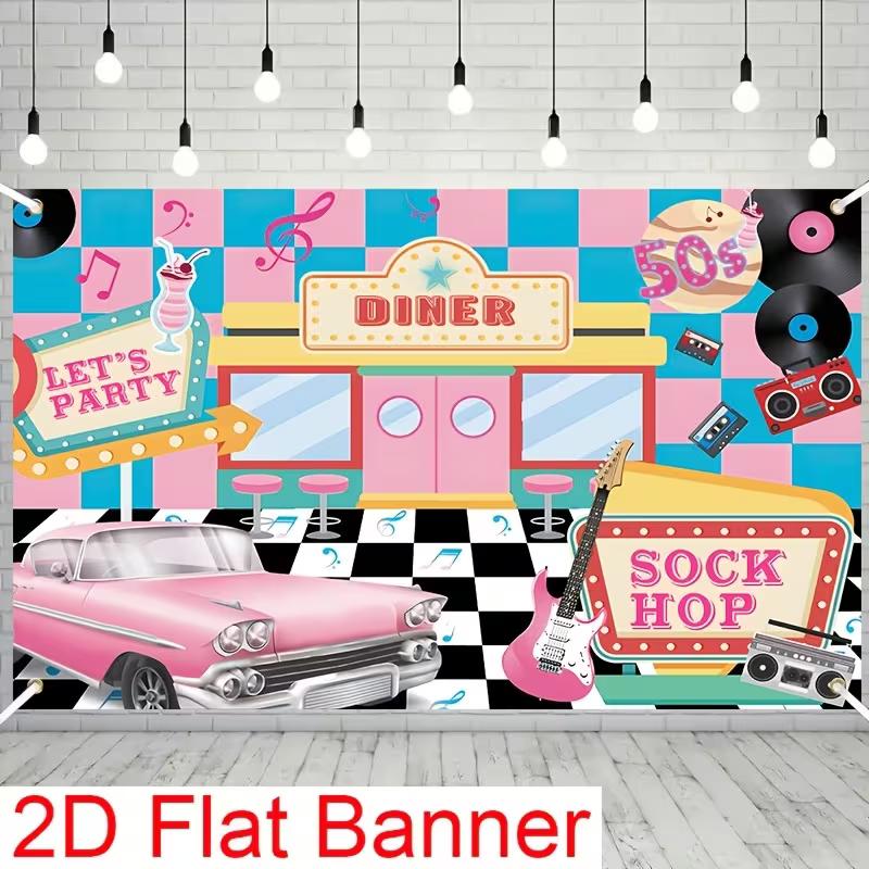 

2D Flat Banner 1950s Sock Hop Diner Background for Rock N Roll Themed Photoshoot 47.2x31.5inch/120*80cm